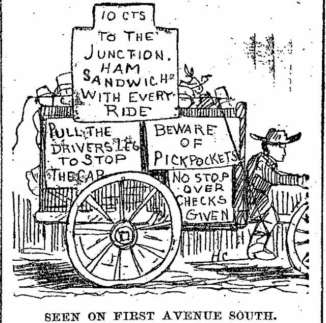 Black and white scan of "Seen on First Avenue South." Minneapolis Journal, April 16, 1889. 