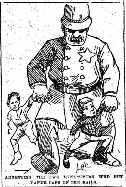 Black and white scan of "Arresting the two young dynamiters who put paper caps on the rails. Minneapolis Journal, April 18, 1889. 