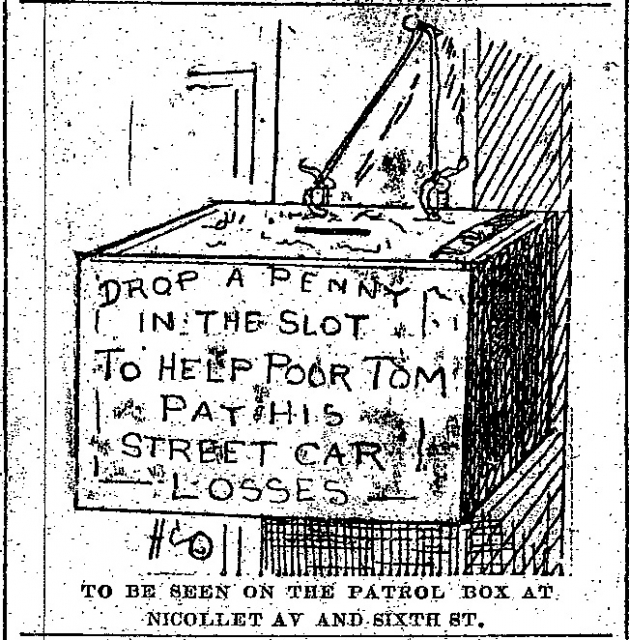 Black and white scan of "To be seen on the patrol box at Nicollet Av. and Sixth St." Minneapolis Journal, April 19, 1889. 