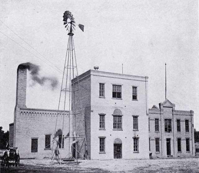 Black and white photograph of the buildings of the Kiewel Brewing Company in Crookston, ca. 1910s