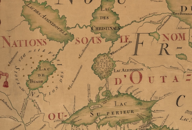 Detail view of a map made in 185 by Jean-Baptiste Louis Franquelin. Text surrounding Lake Mille Lacs (at center left, labelled here as Lac de Buade) identifies the area as inhabited by the "Issatis," or Santee Dakota. The map provides some of the earliest extant textual evidence of a Dakota community at Lake Mille Lacs.