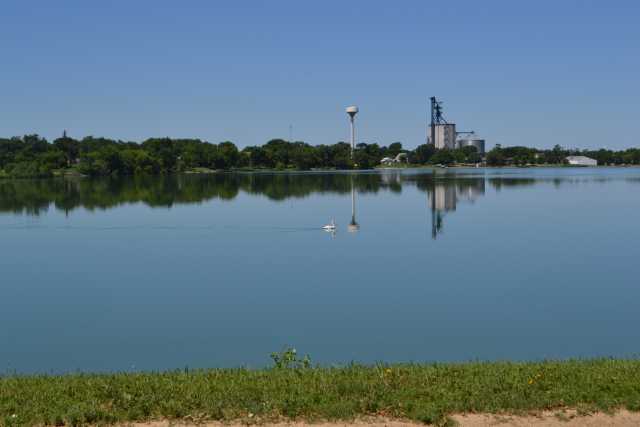 Color image of Lake Wilson with grain elevator in background, 2016.