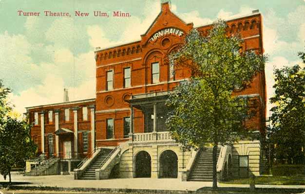 Colorized postcard of Turner Hall, New Ulm, ca. 1920.  
