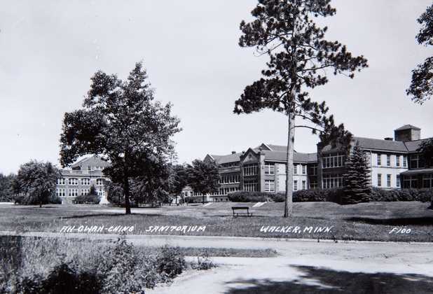 Black and white photograph of Ah-Gwah-Ching, the state sanatorium for consumptives, c.1950. Clarence Johnston designed buildings for this institution between 1905 and 1931. 