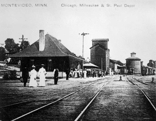 Black and white photograph of the Milwaukee Road Depot, Montevideo, ca. 1900. From the H. Roger Grant Collection.
