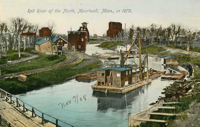 Colorized postcard photograph of a steamboat on the Red River near Moorhead, MN, in 1879.