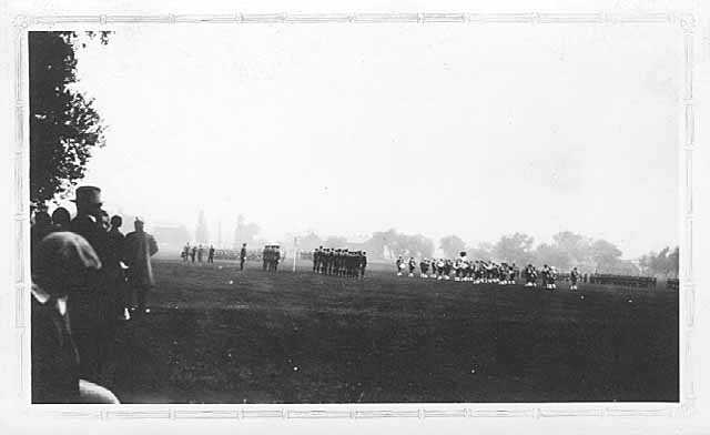Black and white photograph of Third Infantry passing in review for Maud Hart Lovelace, author of Early Candlelight, which was set at Fort Snelling, September 1929.
