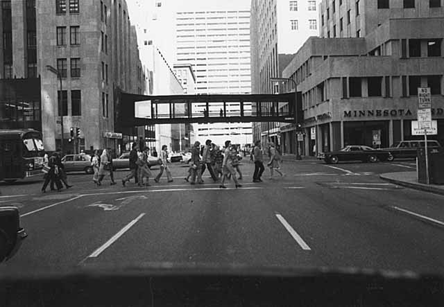 Black and white photograph of skyway near Sixth and Marquette, Minneapolis, c.1975.