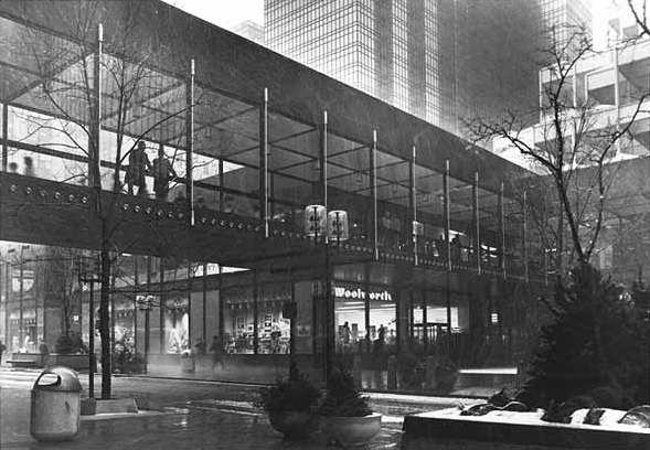 Black and white photograph of skyway spanning Nicolett Mall, Minneapolis, c.1974.