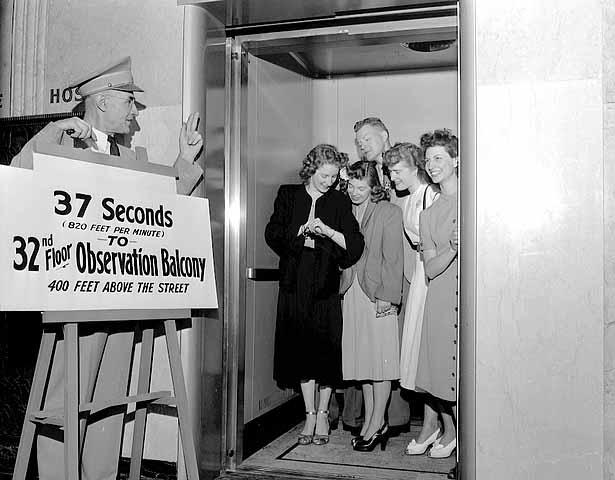 Black and white photograph of the elevator to Foshay Tower observation balcony, Minneapolis, 1948. 