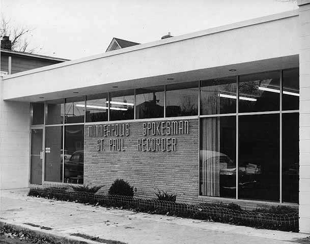 Black and white photograph of the Minneapolis Spokesman and St. Paul Recorder office, 3744 Fourth Avenue South, 1958.