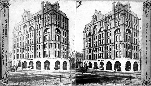 Black and white photograph of the Tribune Building, Fourth Street and First Avenue South, Minneapolis, 1887.
