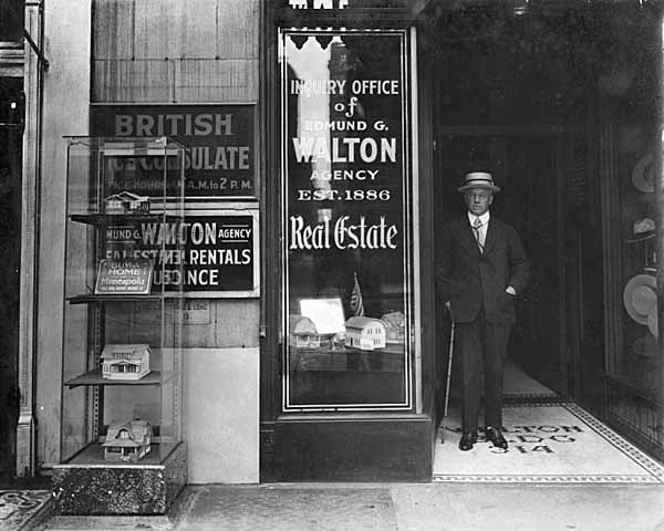 The exterior of the Edmund G. Walton Real Estate Agency at 314 Nicollet Avenue, Minneapolis, ca. 1916.