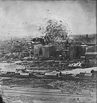 Black and white image of the Washburn A Mill explosion, 1878. 