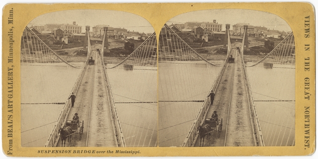 Black and white photo negative of the Hennepin Avenue Bridge, c.1868.