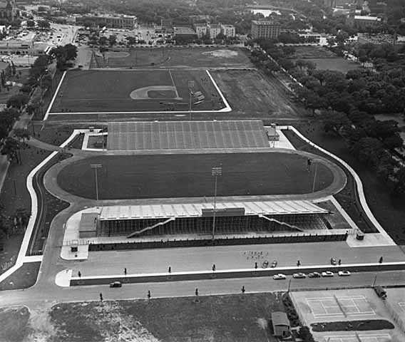 Black and white photograph of Parade Stadium, ready for its first full season of football, 1952.