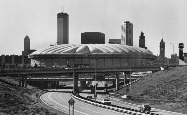 Black and white photograph of the Hubert H. Humphrey Metrodome, 501 Chicago Avenue, Minneapolis, 1982.