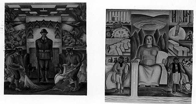 Black and white photograph of Federal Art Project murals by Lucia Wiley and Elsa Jemne in the Minneapolis Armory, October 15, 1936.