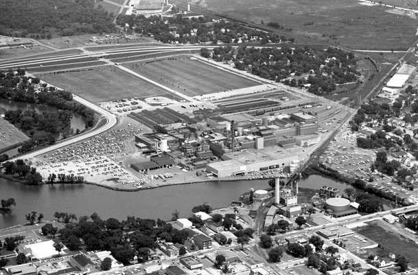 Black and white aerial photograph of the Hormel Packing Company and surrounding area in Austin, Minnesota, 1972. 
