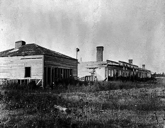 Black and white photograph of the ruins of Fort Ripley Barracks and Bakery, c.1895.