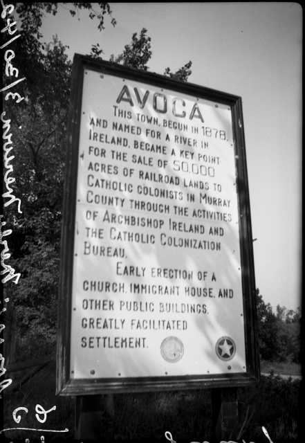 Black and white photograph of the Avoca marker in Murray County. Part of the Coteau des Prairies, Murray County. Photograph ca. 1942.