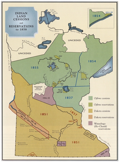 Color map of Indian Land Cessions and Reservations in Minnesota to 1858