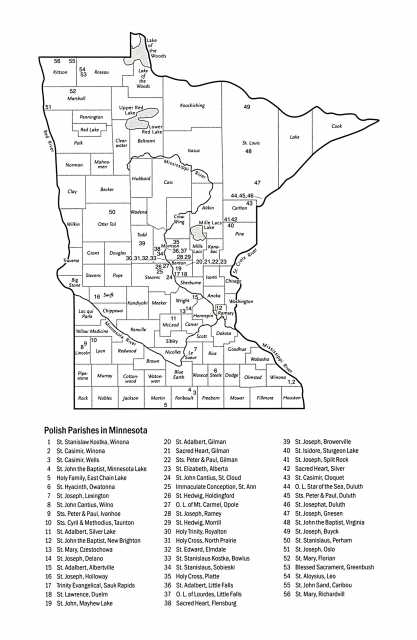 Map of Polish Catholic parishes in Minnesota