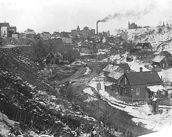 Black and white photograph of Swede Hollow, St. Paul, c.1910.