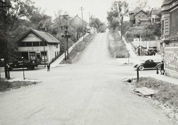 Black and white photograph looking south down Arundel Street from Rondo Avenue, ca. 1940.