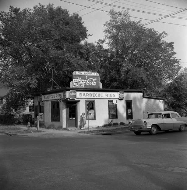 Black and white photograph of the Booker T. Cafe & Tavern, 381–383 Rondo Avenue, St. Paul, 1960.