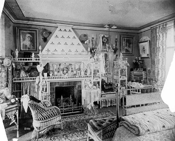 Black and white photograph of a bedroom during the occupancy of George Finch, Griggs House, 432 Summit Avenue, St. Paul, c.1884.