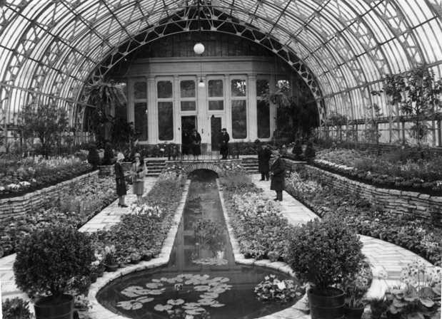 Black and white photograph of a flower show at the conservatory, 1927.