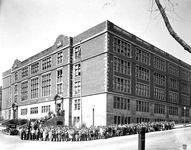 Black and white photograph of Mechanic Arts High School, St. Paul, ca. 1928. Photograph by Charles P. Gibson.