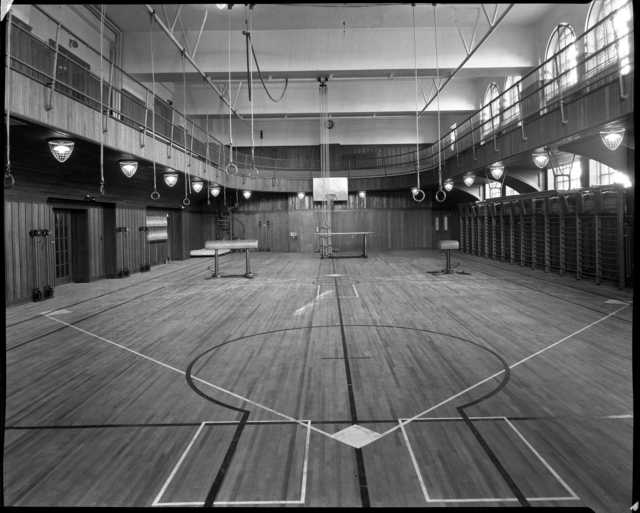Black and white photograph of the gymnasium in the St. Paul Athletic Club, c.1925. Photograph by Charles P. Gibson.