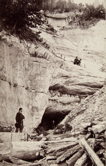 Black and white photograph of Carver’s Cave (Wakan Tipi), 1875.