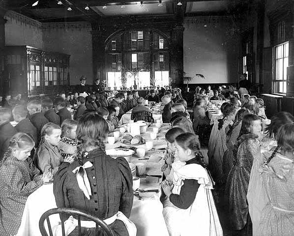 Black and white photograph of the State School dining room, c.1900.