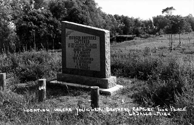 Black and white photograph of the monument marking where the Younger brothers were captured, c.1930.