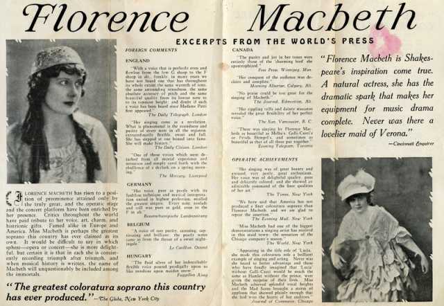 Promotional pamphlet featuring photographs of Florence Macbeth and excerpts from positive reviews of her singing performances.