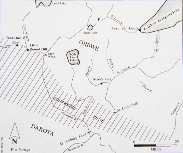 Sketch showing the approximate boundaries of the contested zone between the Ojibwe and the Dakota in the late 1700s. 