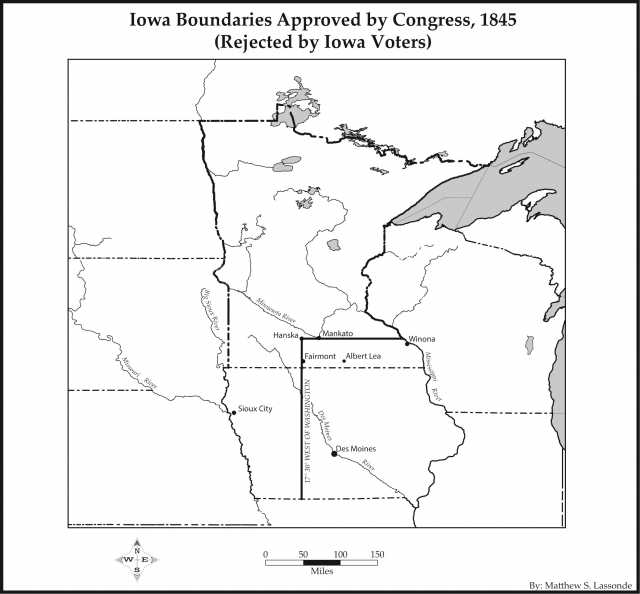 Map of the boundaries of Iowa approved by Congress in 1845 but rejected by Iowa voters.