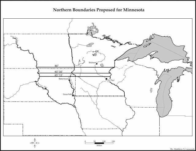 Map of three northern boundaries proposed for the state of Minnesota at varying degrees of latitude.