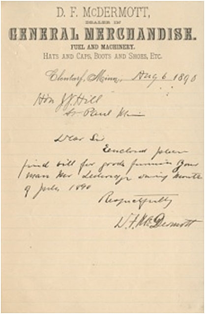 Color scan of a note written from D. F. McDermott to James J. Hill on August 6, 1890, regarding supplies ordered by Mr. Ledwidge of Clontarf Township. Mr. Ledwidge trained Hill’s hunting dogs.