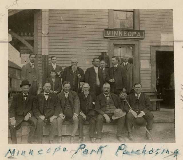 Black and white photograph showing the negotiating of the purchase of Minneopa State Park, October 13, 1905. 