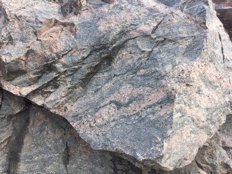 Color image of a gneiss boulder in Morton, 2016. Photograph by Paul Nelson.