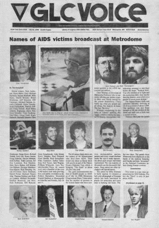 Black and white scan of the front page of the Minneapolis GLC Voice on July 18, 1988.