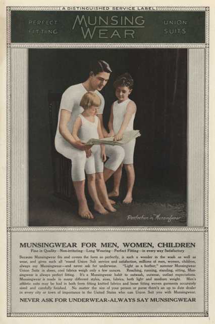 advertising image of father and children wearing Munsingwear long underwear