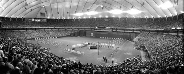 Black and white photograph of a panorama of the field from the stands during the 1985 MLB All-Star Game at the Metrodome on July 16, 1985.