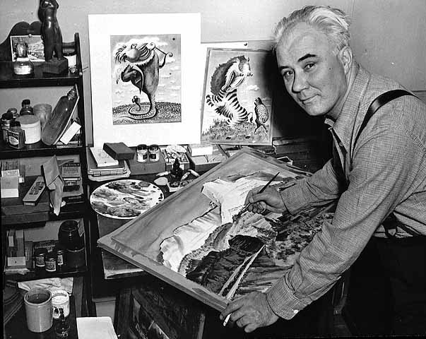 Black and white photograph of Adolf Dehn painting, c.1950s.