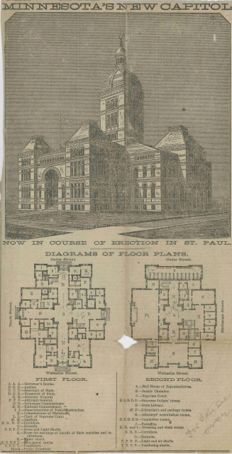 Scan of Buffington's drawing and floor plan of the first and second floors of the second State Capitol Building, which appeared in the St. Paul Daily Pioneer Press, August 29, 1881.