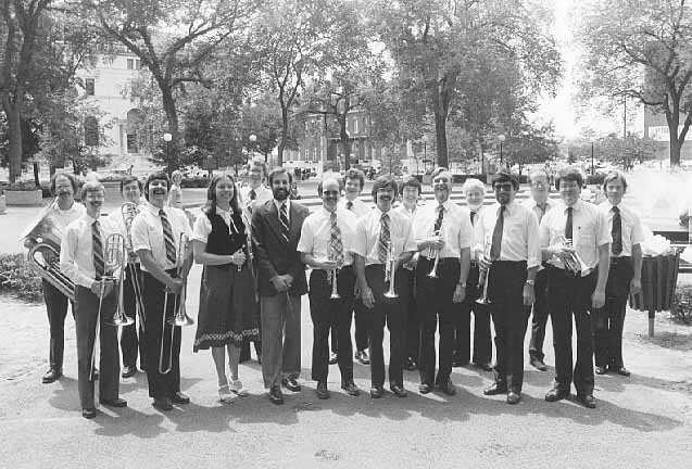 Photograph of the Great Western Band performing in Rice Park in St. Paul over the lunch hour, July 17, 1980.